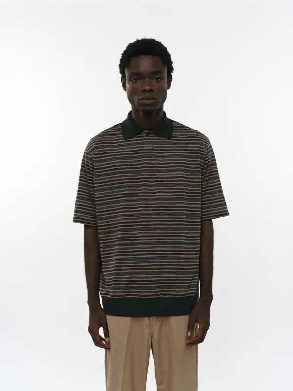 Super120sウォッシャブルウール天竺 / ワンボタンポロTeeS/S, Beige Border made by MARKAWARE