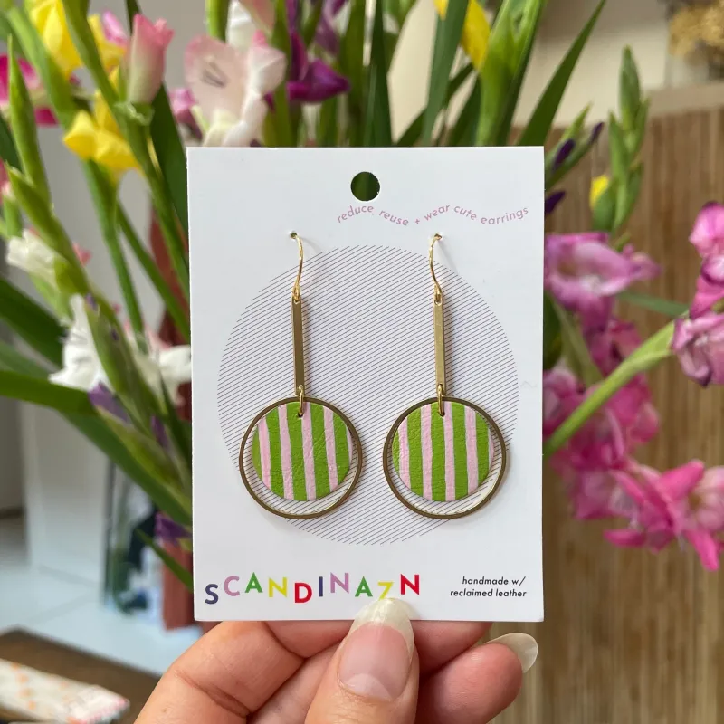 Scandinazn | Orbit Earrings with Hand Painted Stripes in Olive / Pink sold by Allison Wonderland
