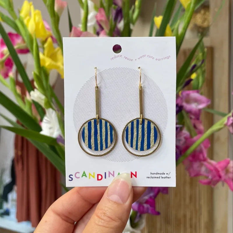 Scandinazn | Orbit Earrings with Hand Painted Stripes in Gold and Blue sold by Allison Wonderland