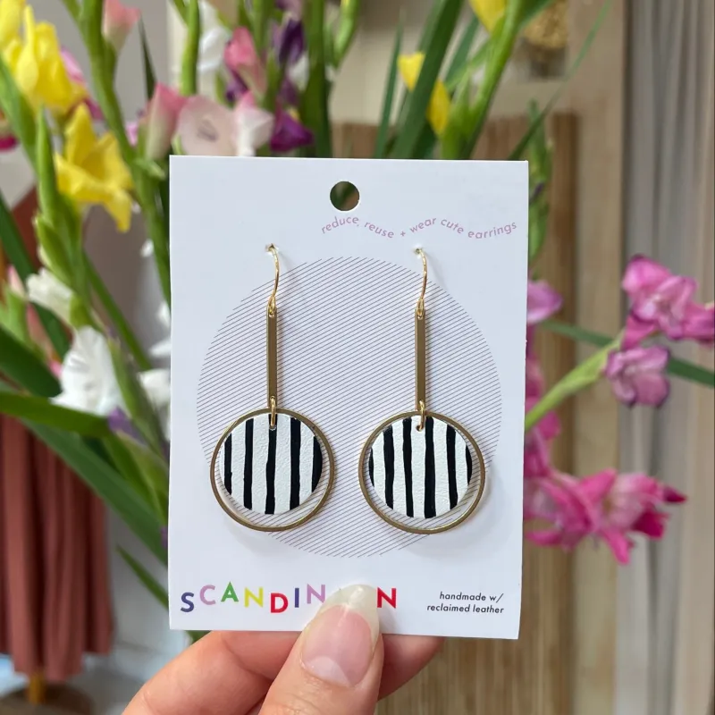 Scandinazn | Orbit Earrings with Hand Painted Stripes in Black + White sold by Allison Wonderland