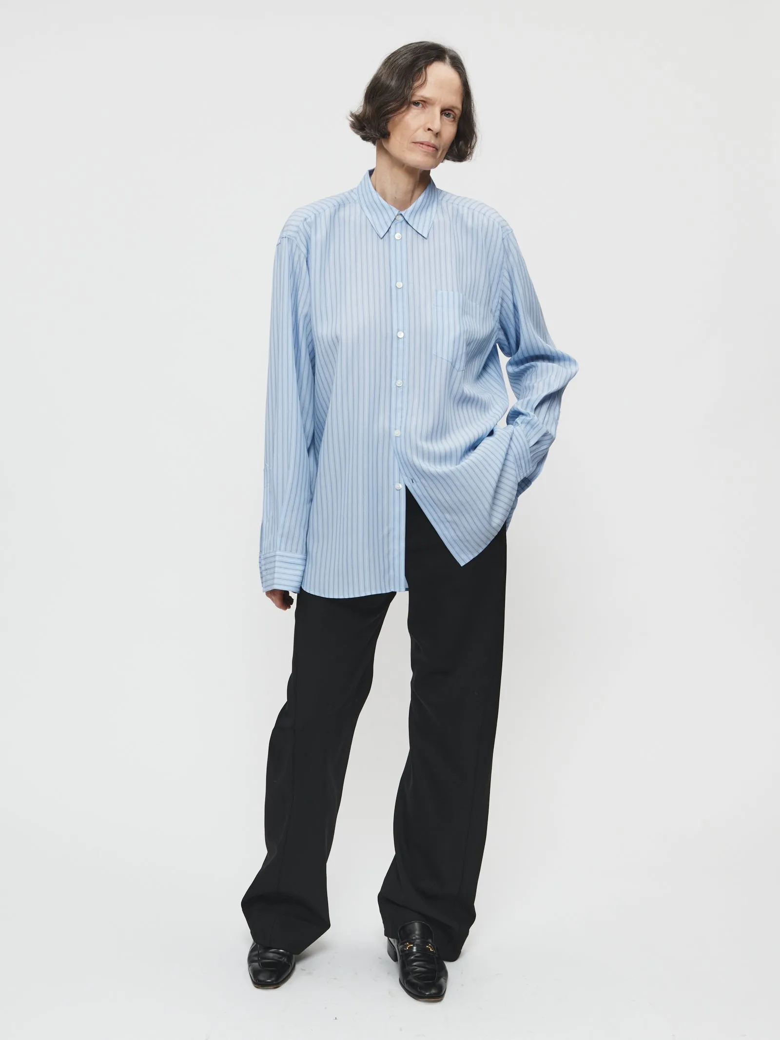 Ruched Biggie Shirt in Blue Fine Stripe sold by 6397