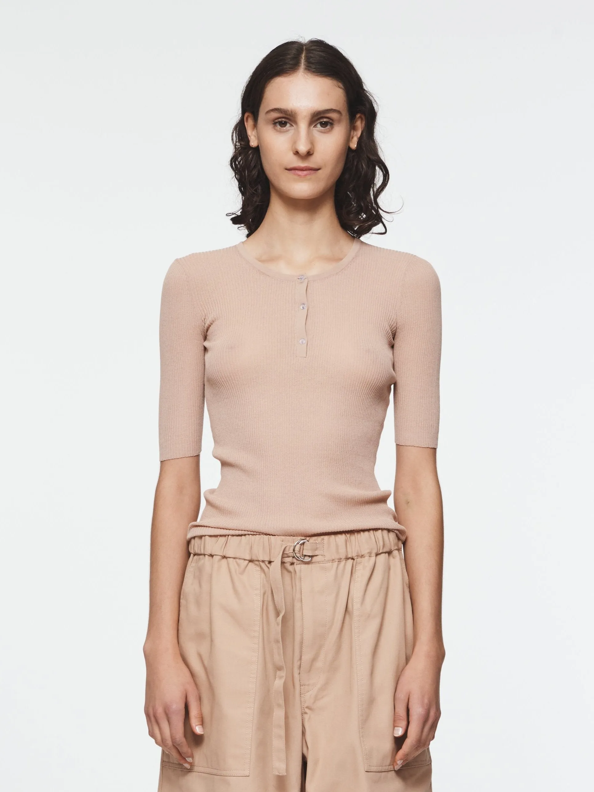 Sheer Ribbed Henley in Nude sold by 6397