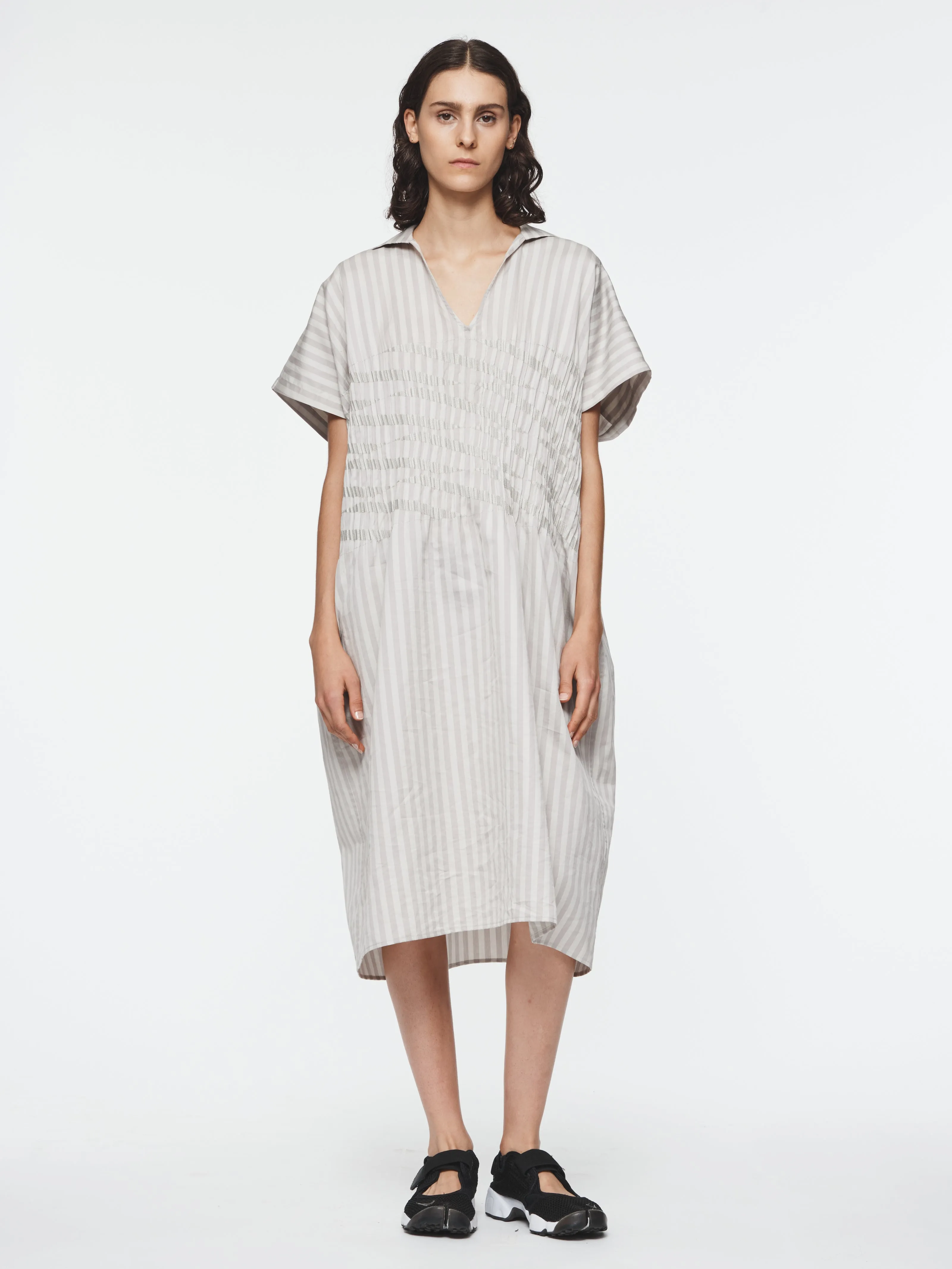 Pleated Embroidery Kaftan in Bone Stripe sold by 6397