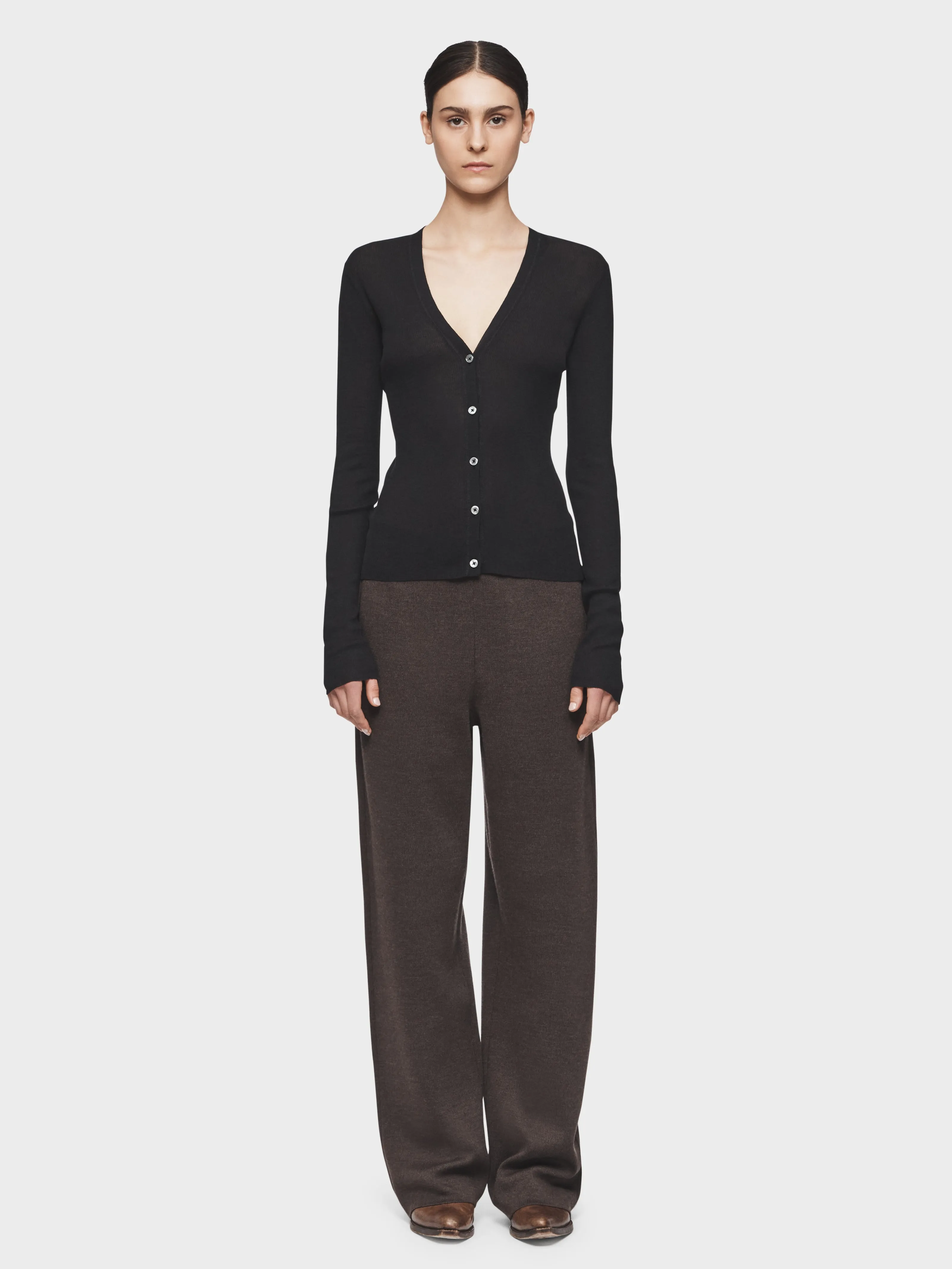 Skinny Rib V-Cardigan in Black sold by 6397