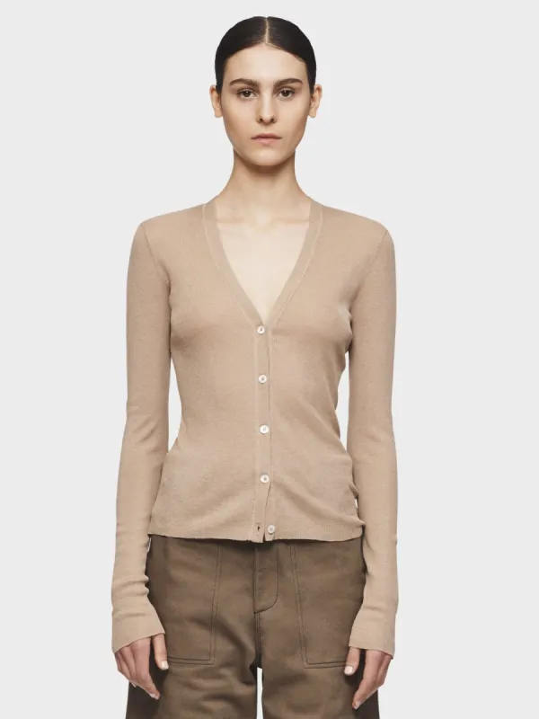 Skinny Rib V-Cardigan in Sand sold by 6397