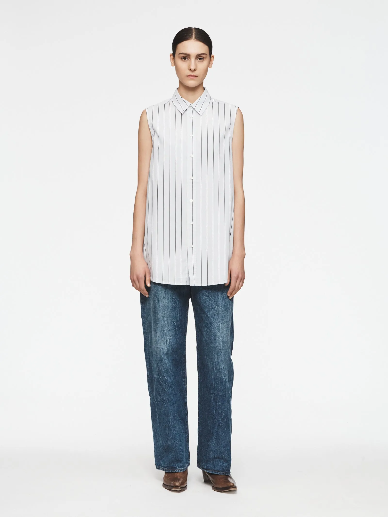 Sleeveless Buttondown Shirt in Light Blue/Navy Stripe sold by 6397