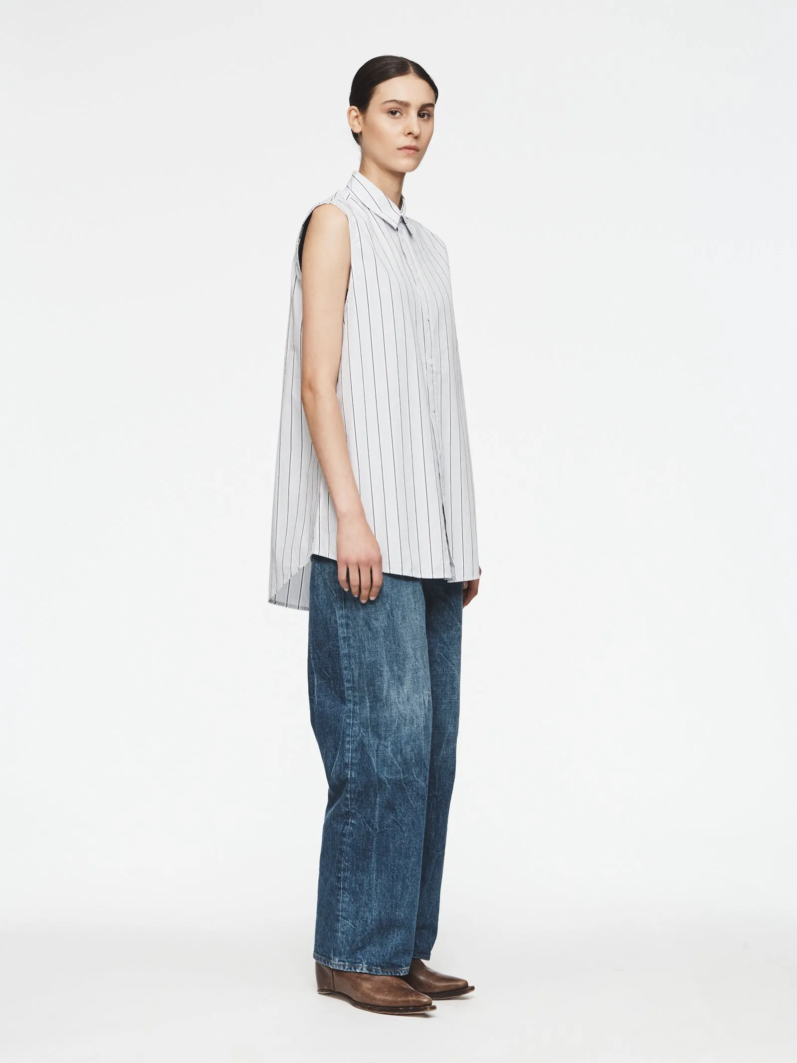 Sleeveless Buttondown Shirt in Light Blue/Navy Stripe sold by 6397 product image thumbnail 2