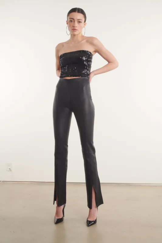 Black Leather Front Slit Micro Flare Pants sold by SPRWMN