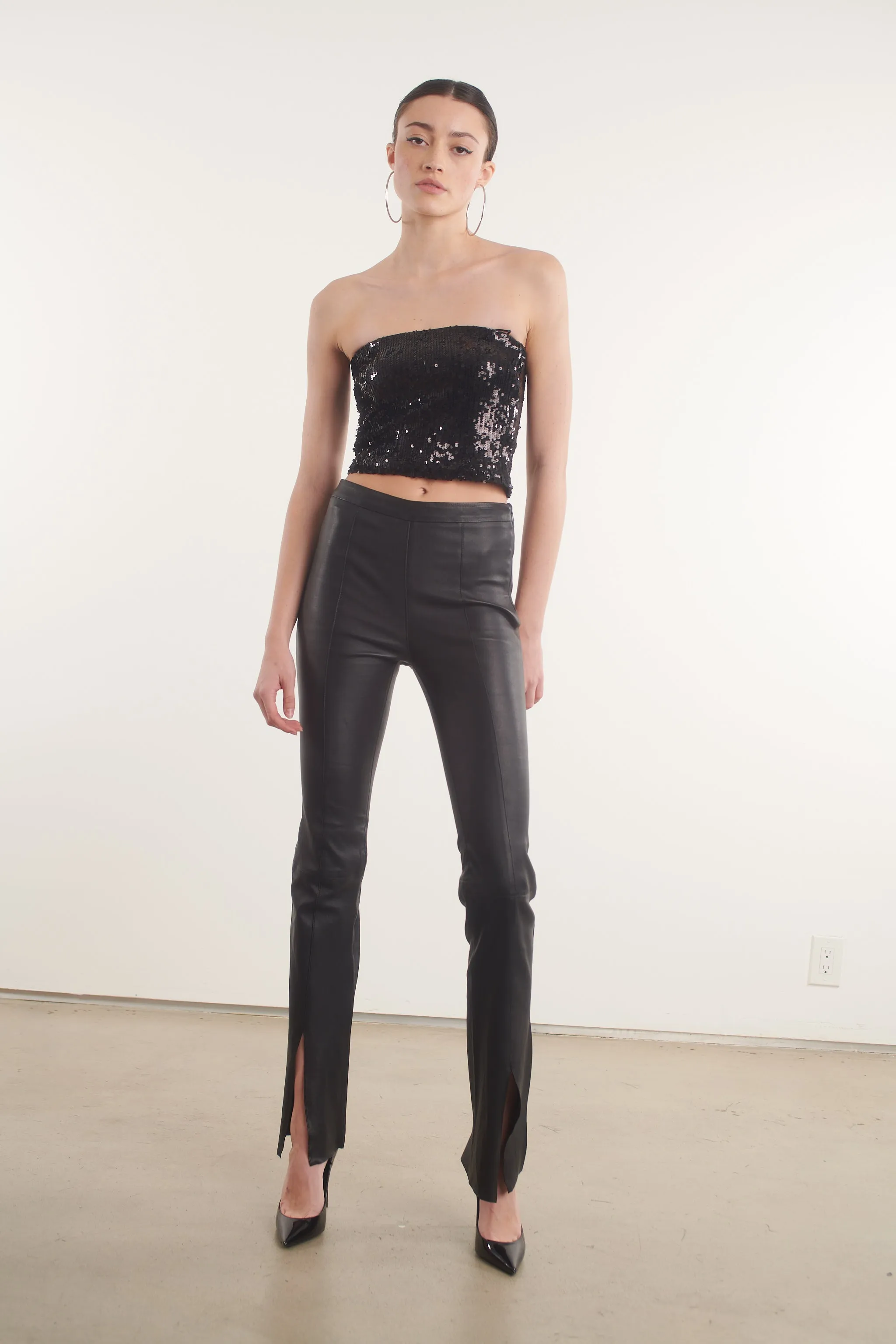 Black Leather Front Slit Micro Flare Pants sold by SPRWMN product image thumbnail 2