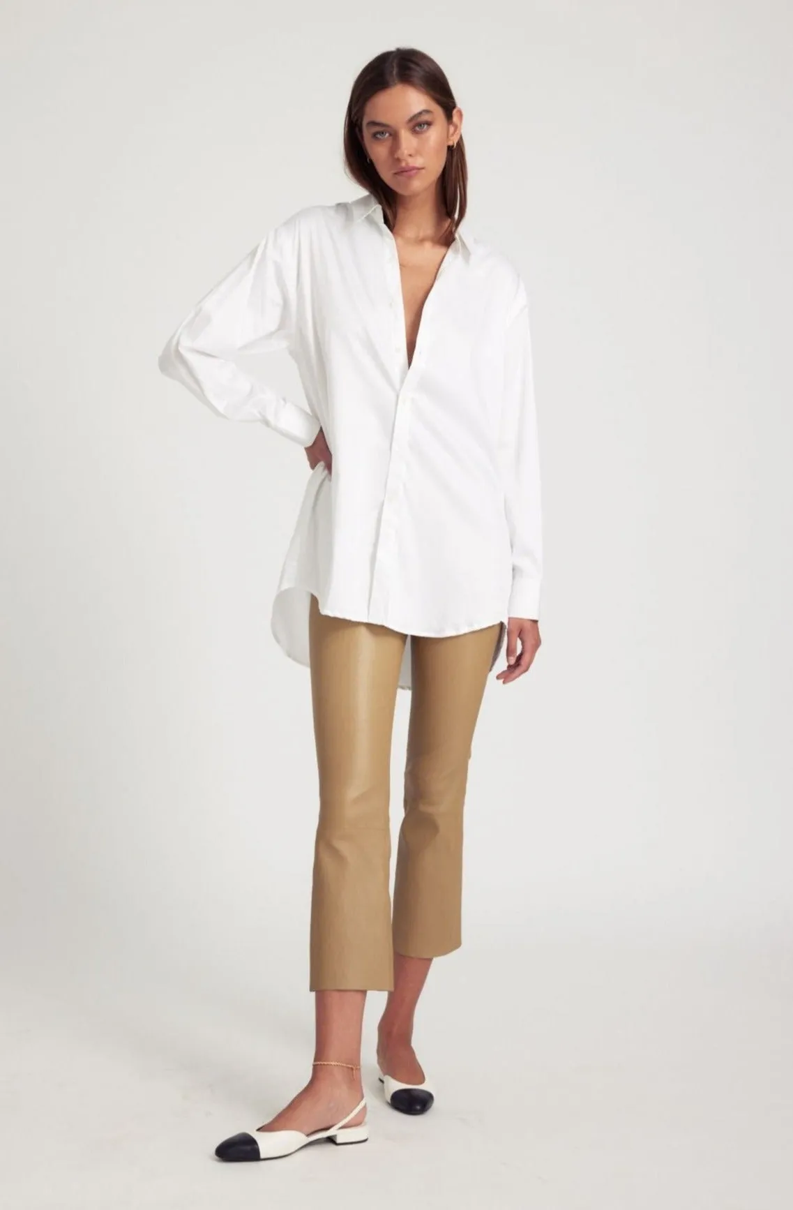 Khaki Leather Crop Flare sold by SPRWMN