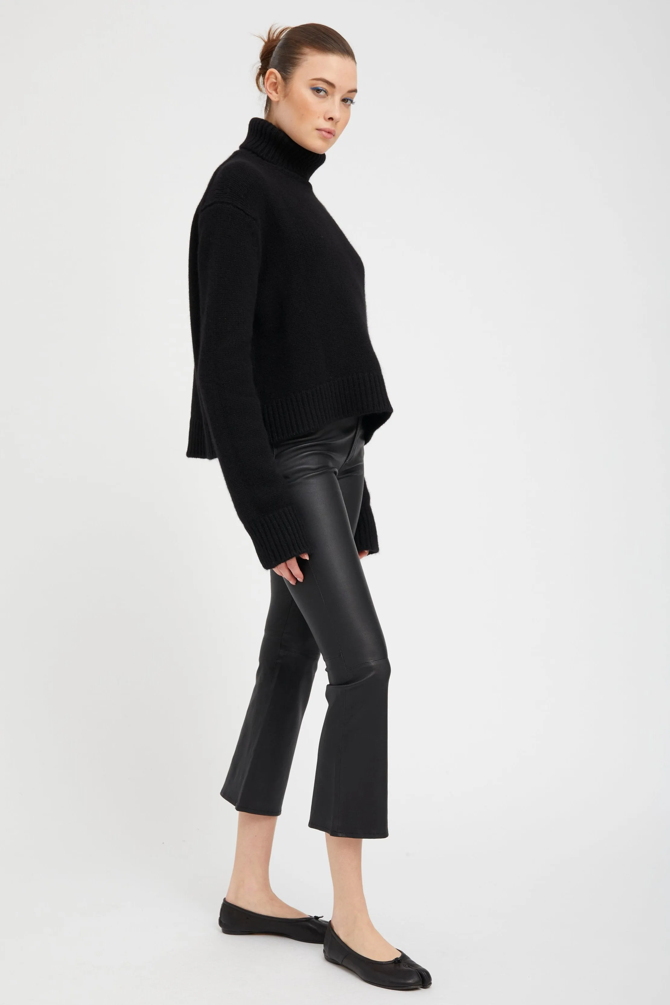 Black Leather 5 Pocket Crop Flare Pants sold by SPRWMN product image thumbnail 3