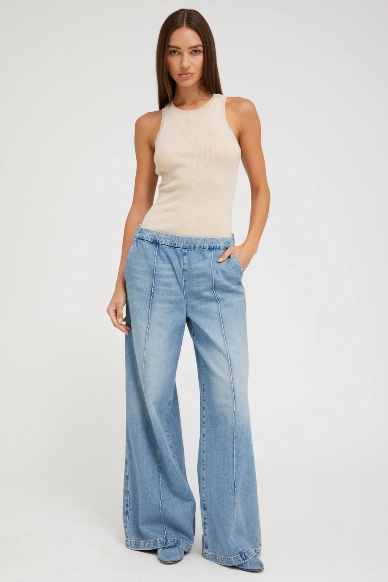 Paradis Denim Wide Leg Pintuck Pants sold by SPRWMN