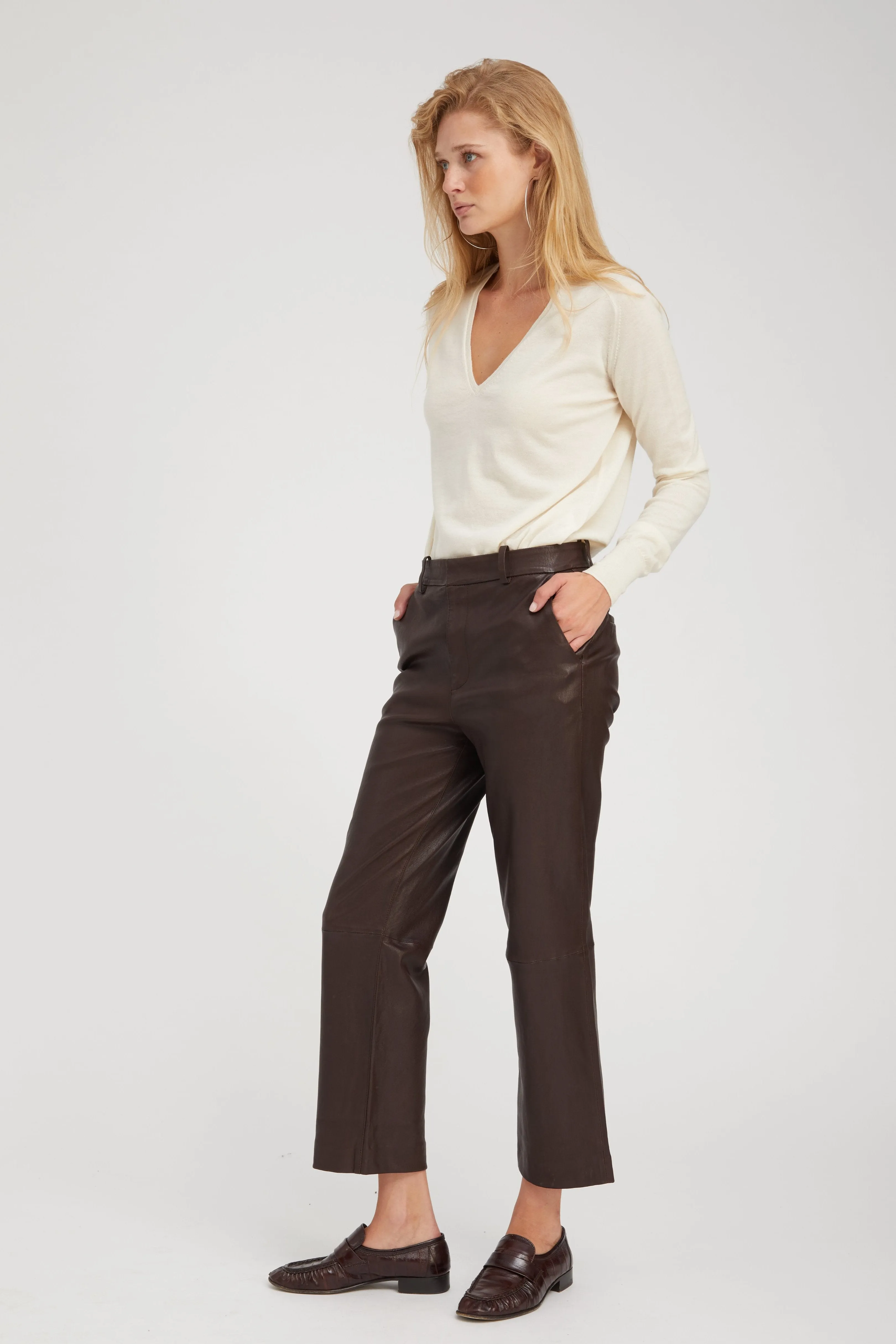 Dark Chocolate Leather Cropped Trousers sold by SPRWMN product image thumbnail 4