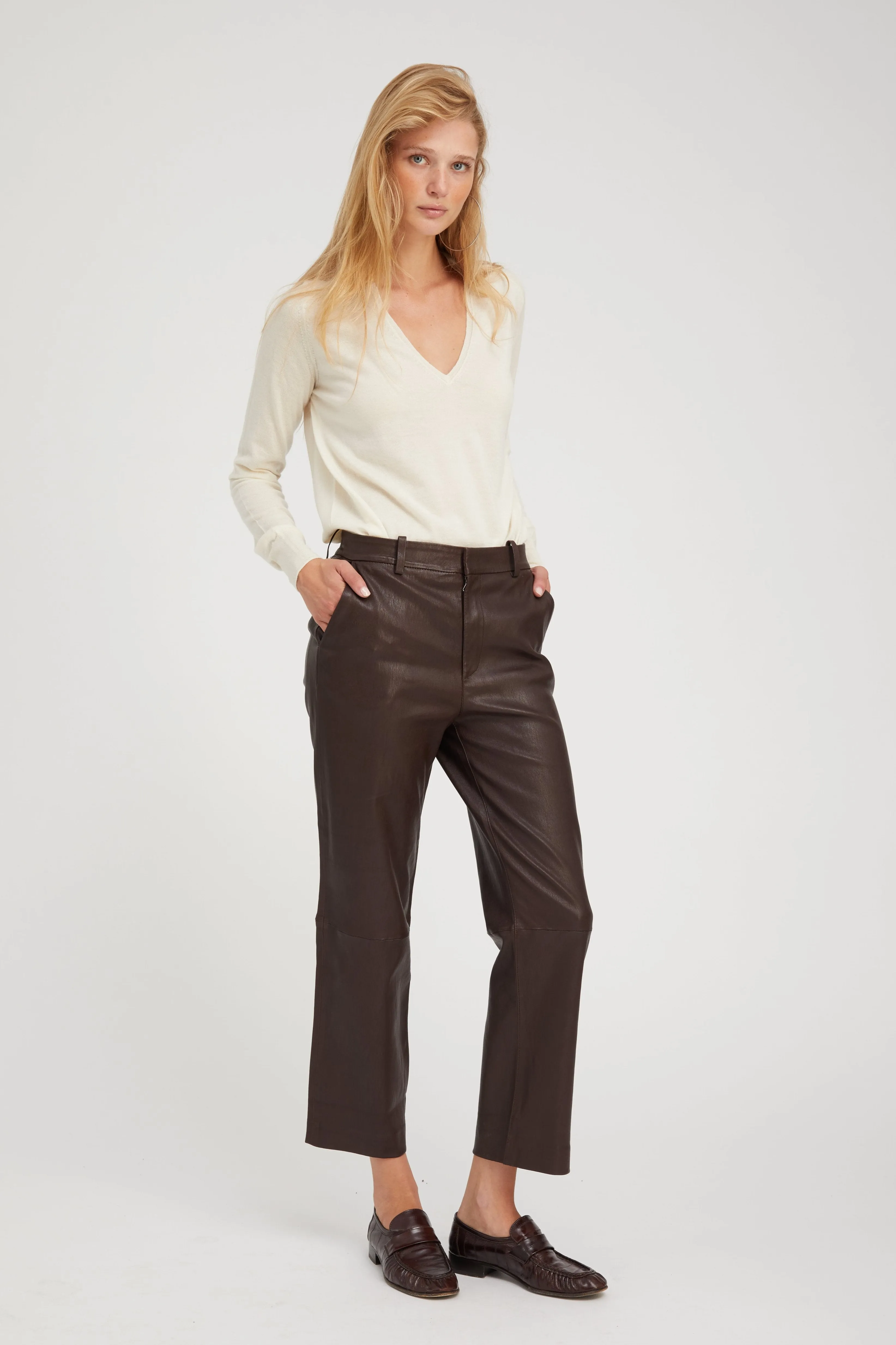 Dark Chocolate Leather Cropped Trousers sold by SPRWMN
