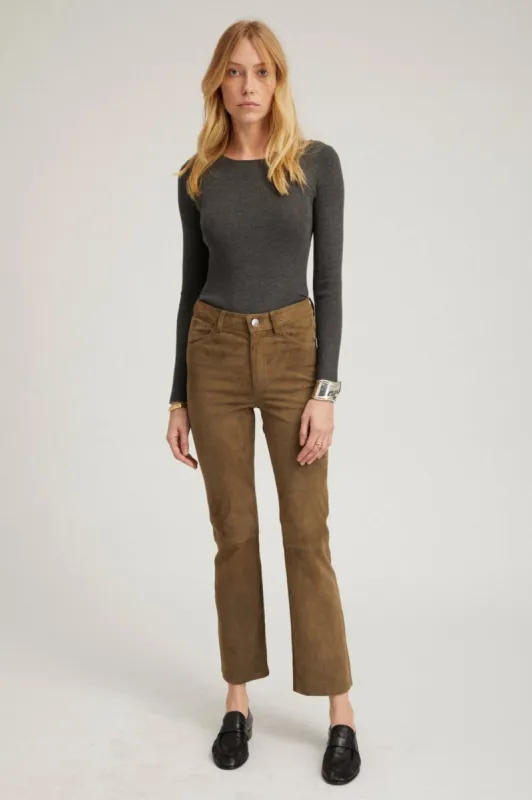 Olive Suede 5 Pocket Ankle Flare Pants sold by SPRWMN