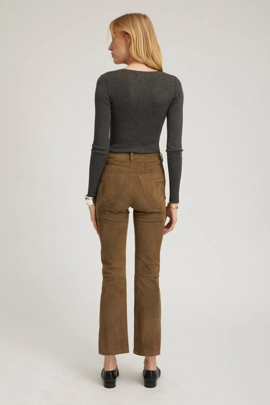 Olive Suede 5 Pocket Ankle Flare Pants sold by SPRWMN product image thumbnail 3