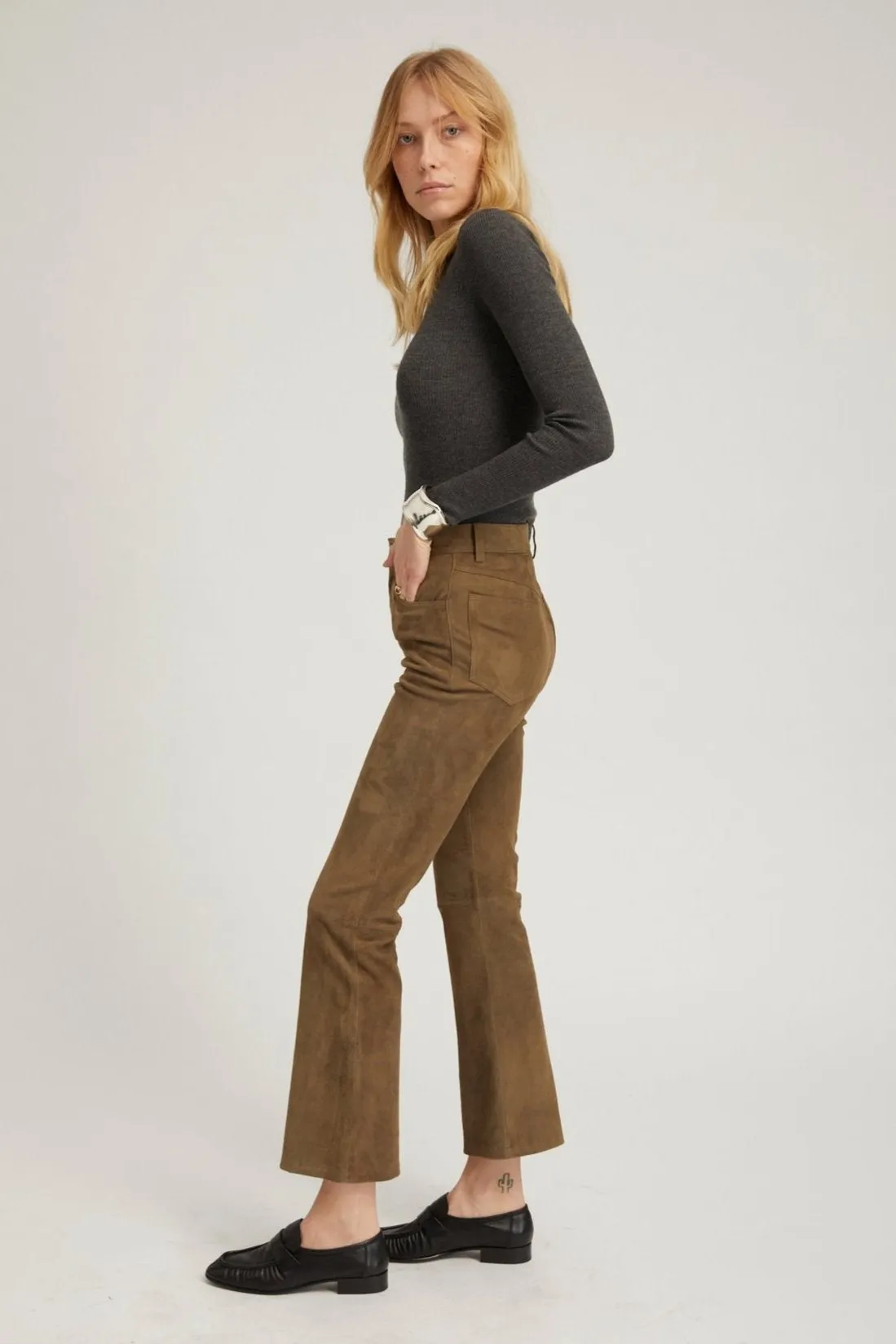 Olive Suede 5 Pocket Ankle Flare Pants sold by SPRWMN product image thumbnail 4