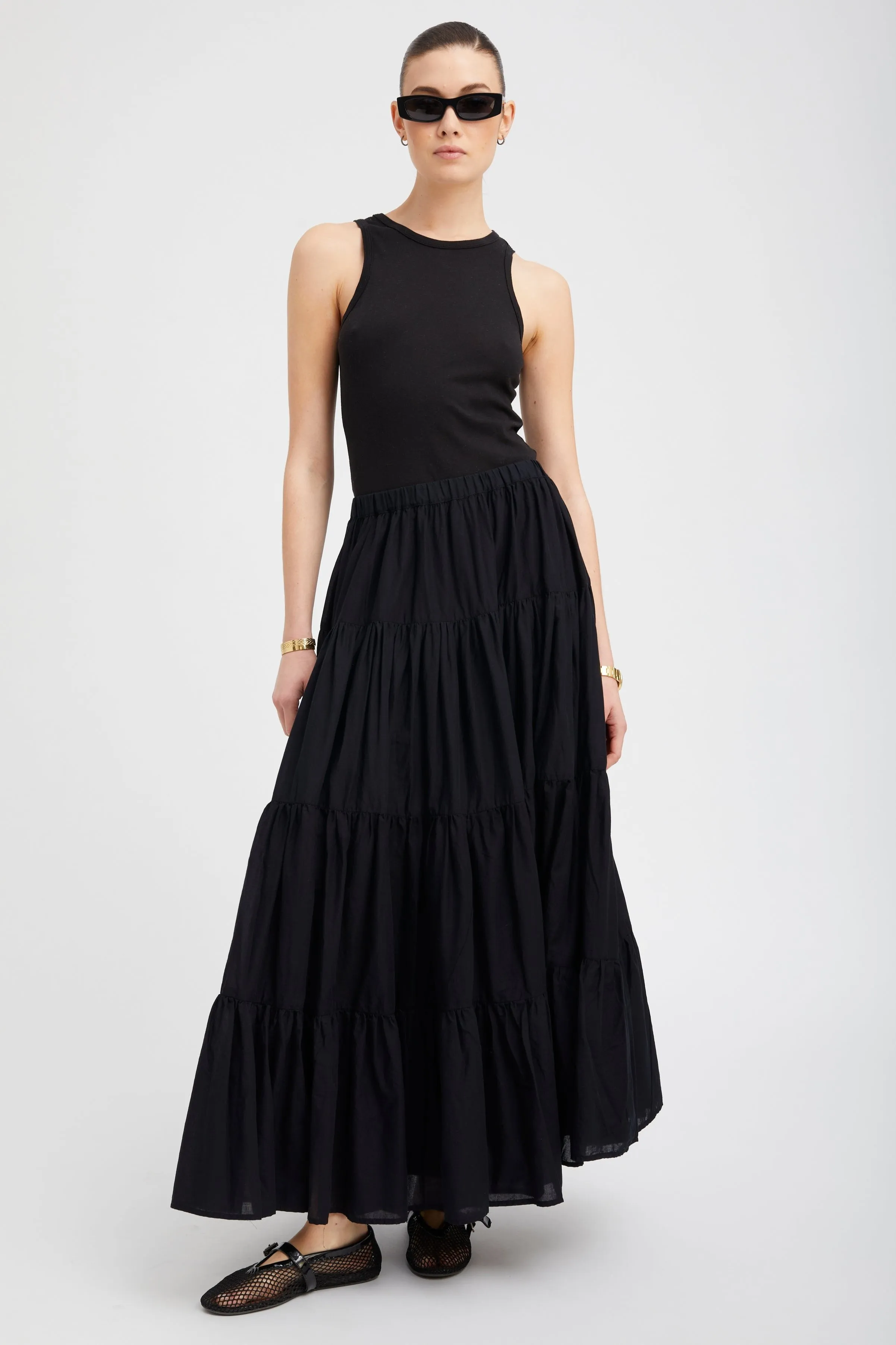 Black Voile Tiered Maxi Skirt sold by SPRWMN