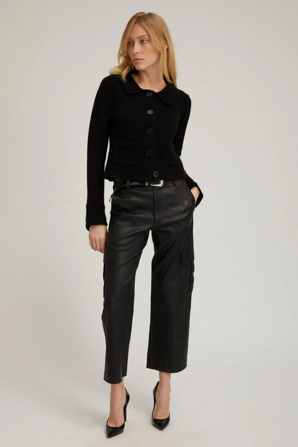 Black Leather Cropped Cargo Trousers sold by SPRWMN product image thumbnail 3
