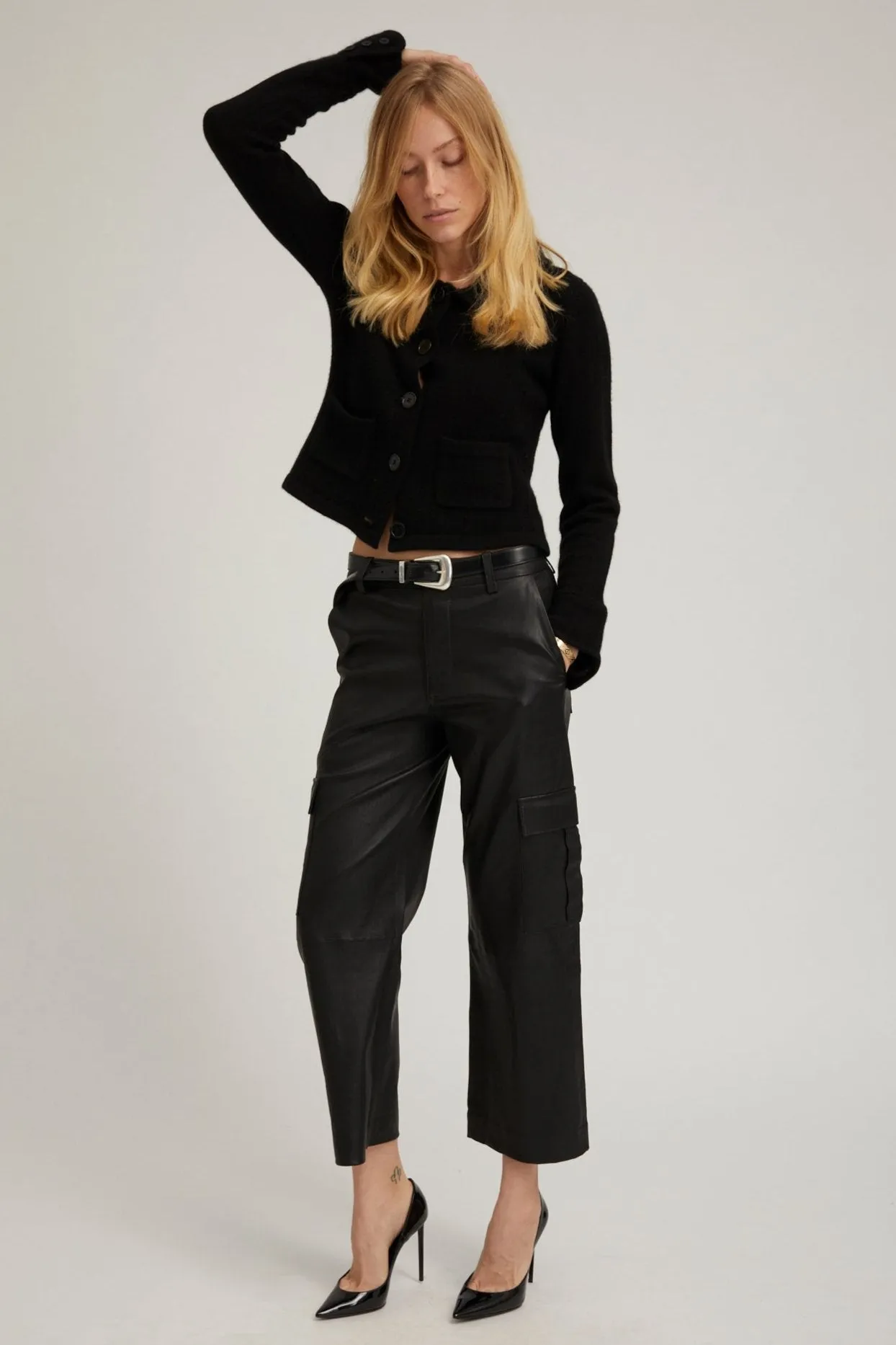 Black Leather Cropped Cargo Trousers sold by SPRWMN product image thumbnail 4