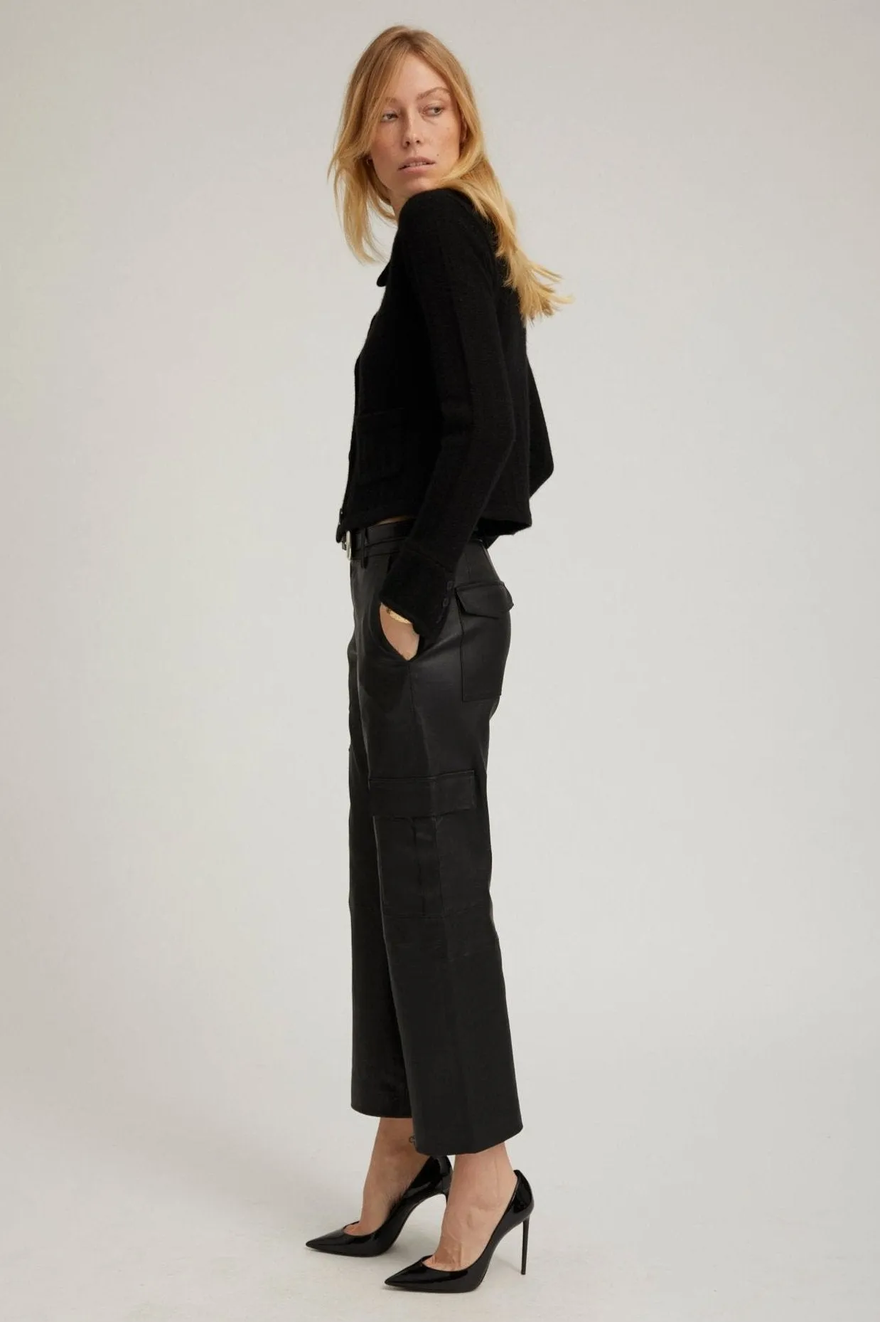 Black Leather Cropped Cargo Trousers sold by SPRWMN product image thumbnail 5