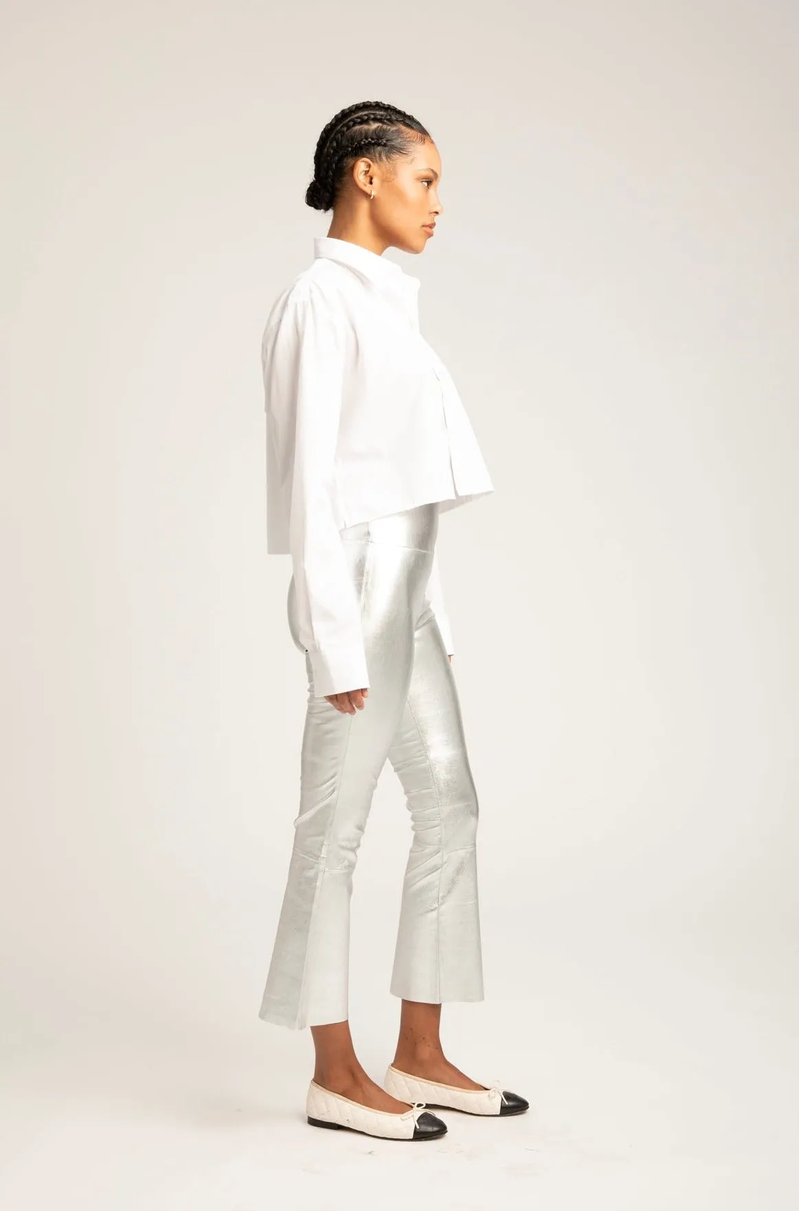 Metallic Silver Leather Crop Flare sold by SPRWMN product image thumbnail 4