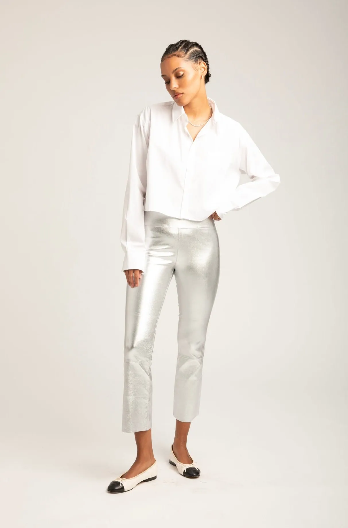 Metallic Silver Leather Crop Flare sold by SPRWMN product image thumbnail 3
