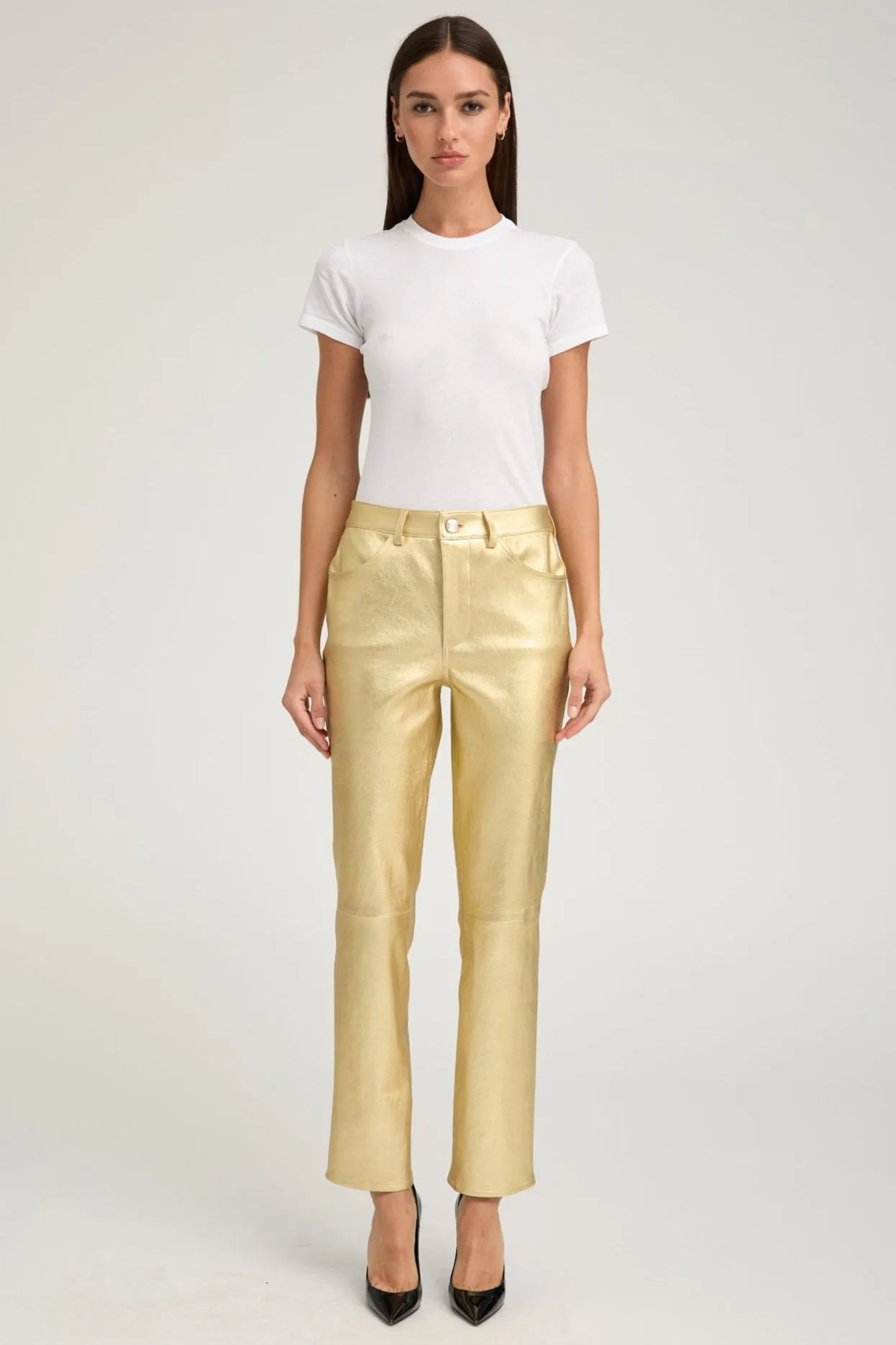 Metallic Gold Leather 5 Pocket Ankle Slim Straight sold by SPRWMN