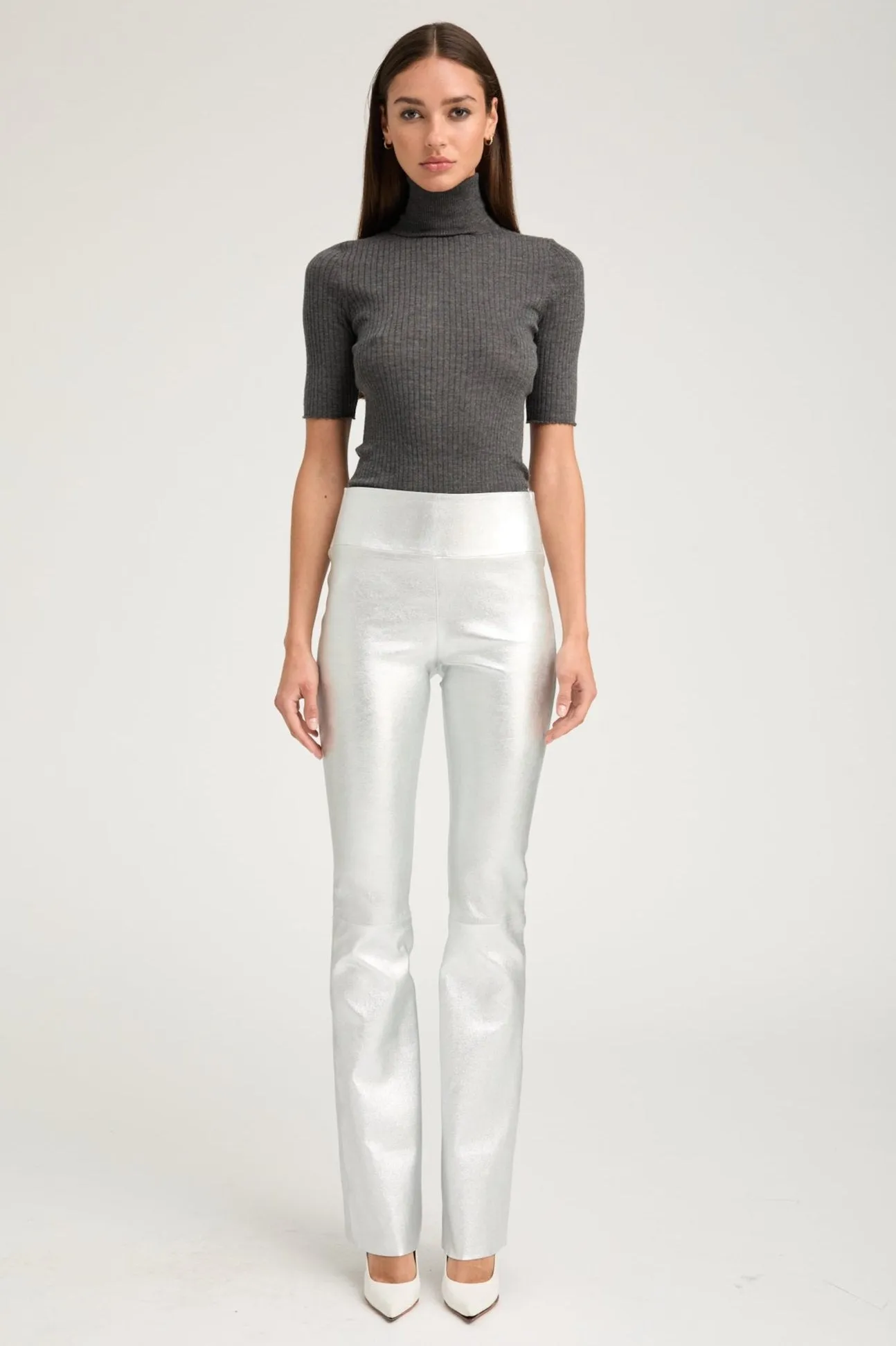 Metallic Silver Leather Micro Flare sold by SPRWMN