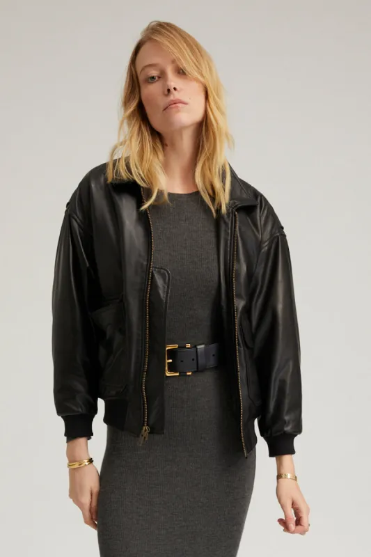 Black Leather Cropped Aviator Bomber sold by SPRWMN