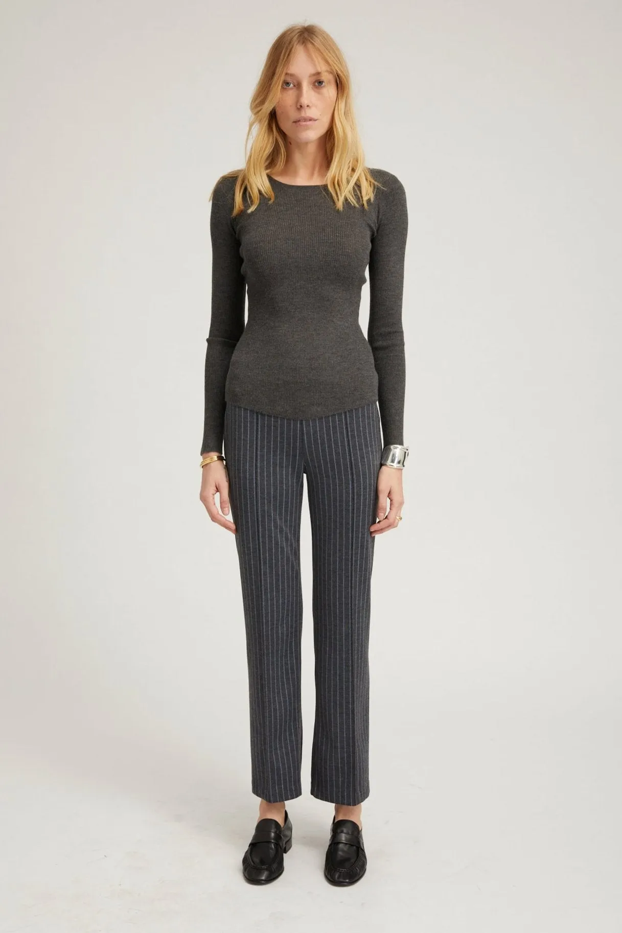 Grey Pinstripe Ankle Flare Pintuck Pants sold by SPRWMN product image thumbnail 2