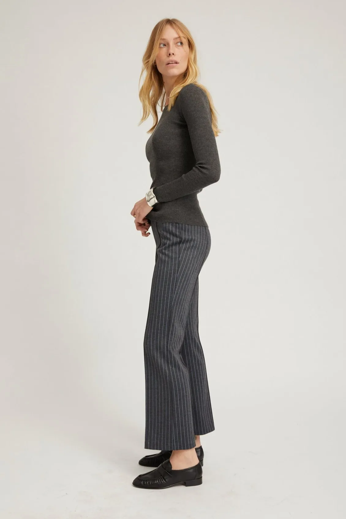 Grey Pinstripe Ankle Flare Pintuck Pants sold by SPRWMN product image thumbnail 3