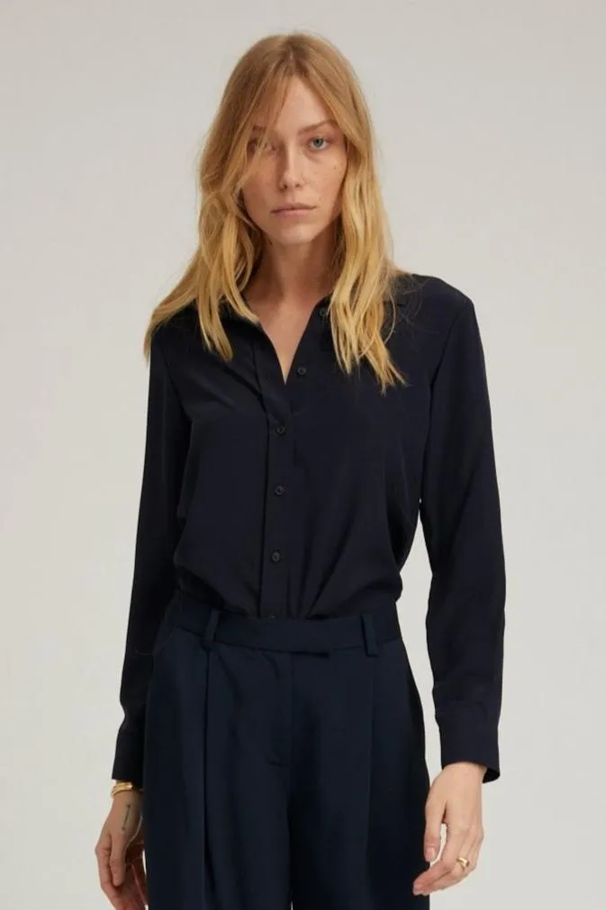Navy Silk Fitted Button Down sold by SPRWMN