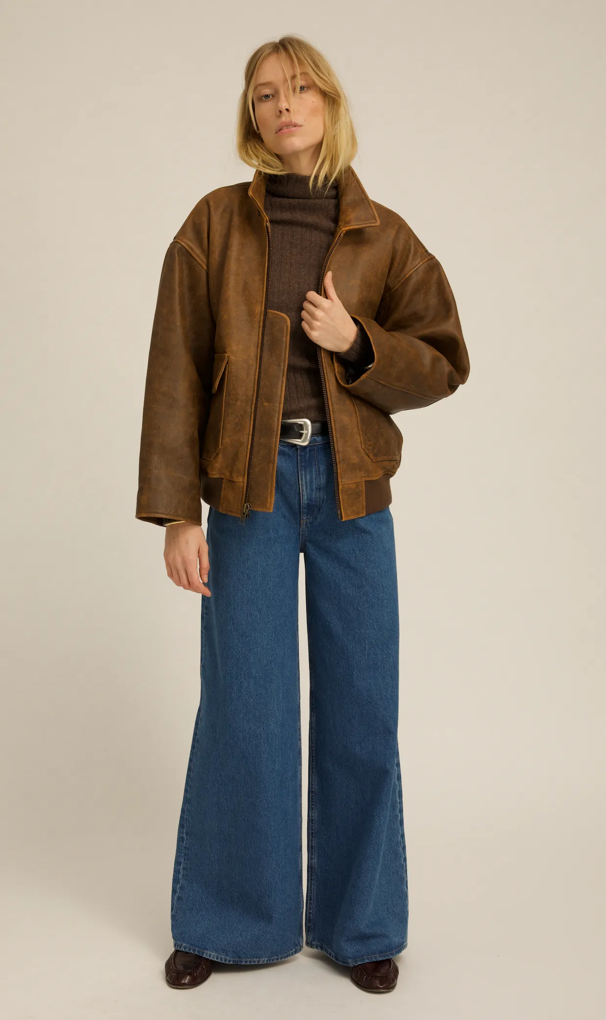 Brown Distressed Leather Aviator Jacket sold by SPRWMN product image thumbnail 3