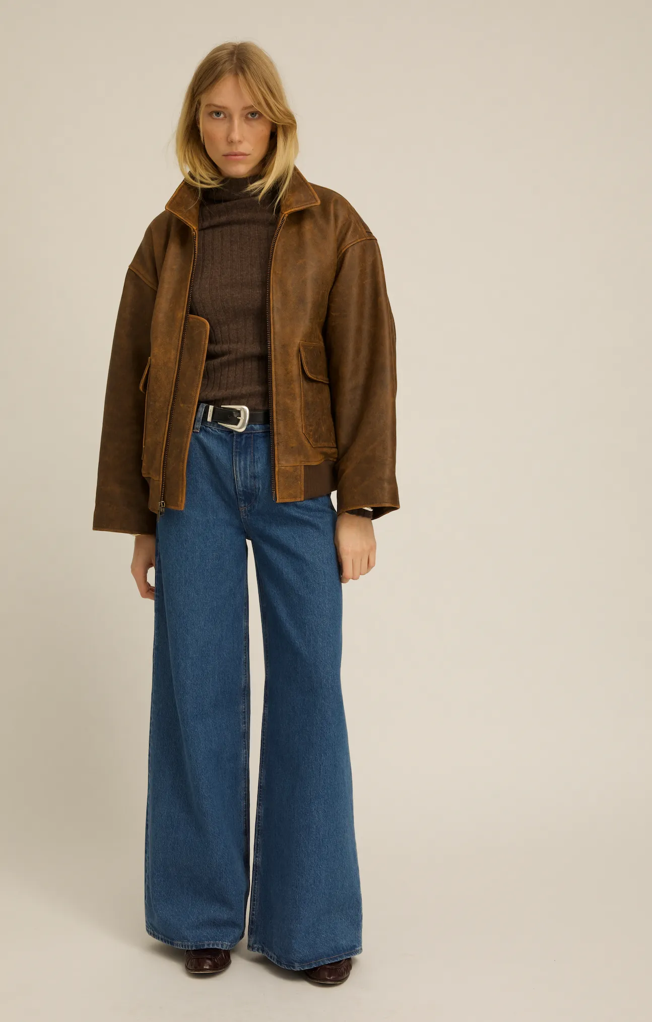 Brown Distressed Leather Aviator Jacket sold by SPRWMN product image thumbnail 4