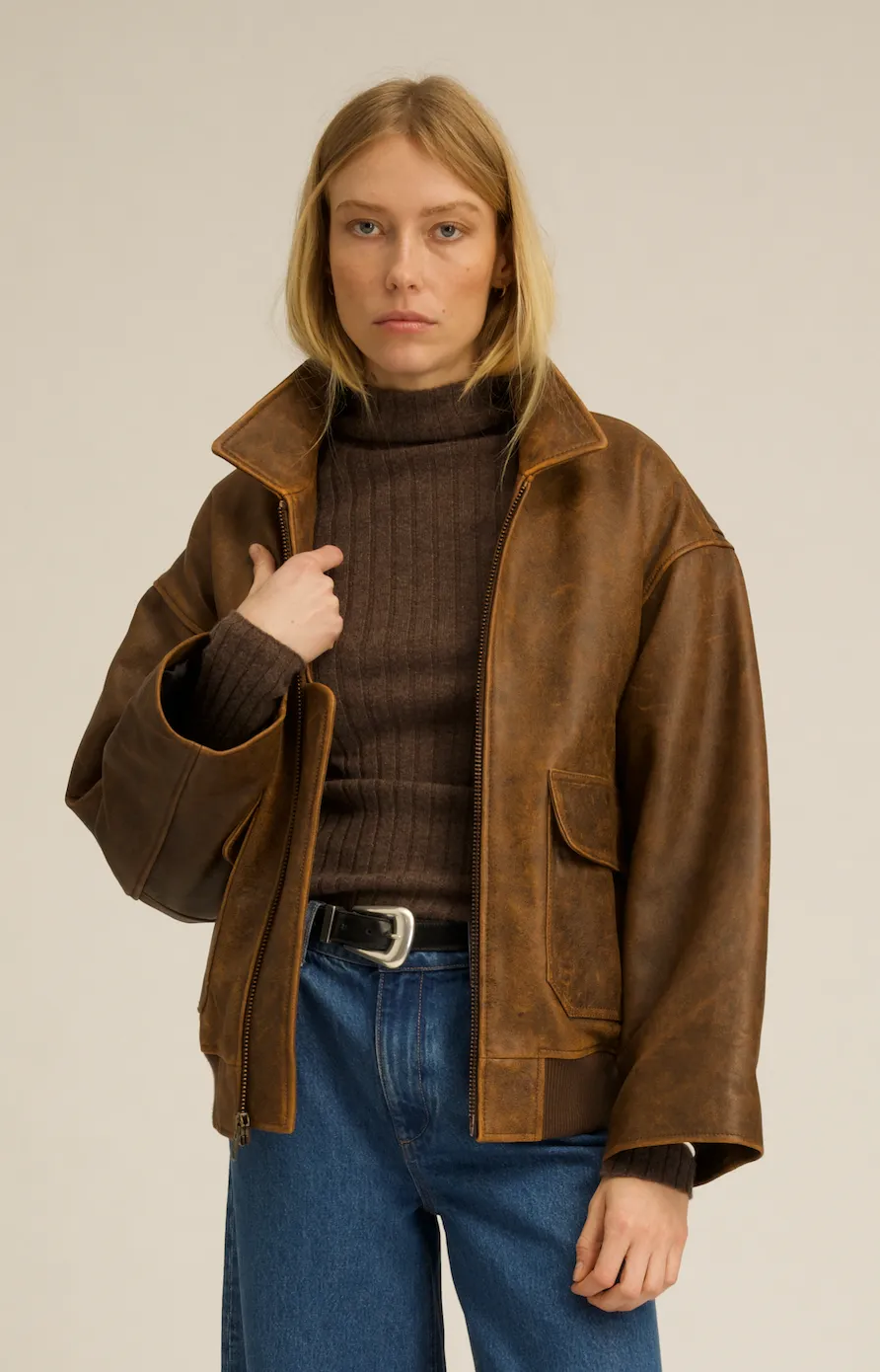 Brown Distressed Leather Aviator Jacket sold by SPRWMN