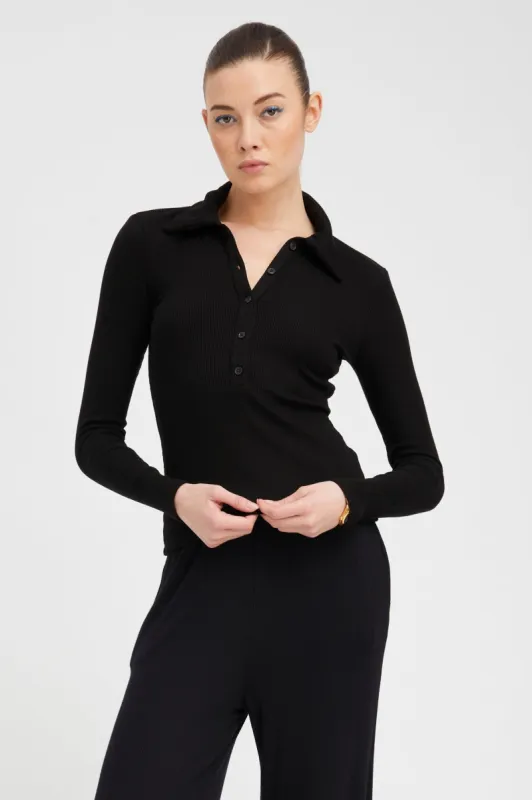 Black Rib Long Sleeve Polo Top sold by SPRWMN