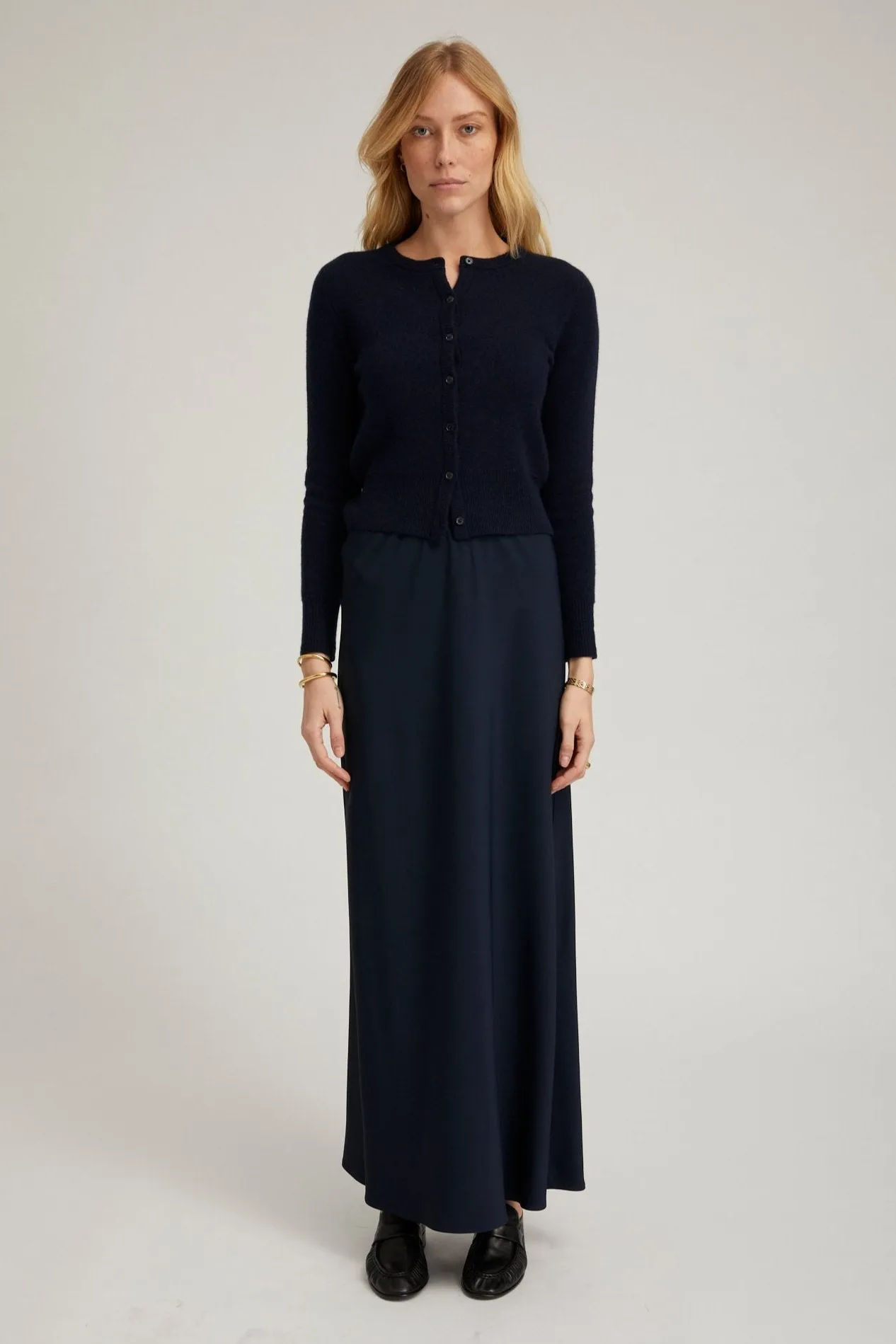Navy Crepe Bias Maxi Skirt sold by SPRWMN