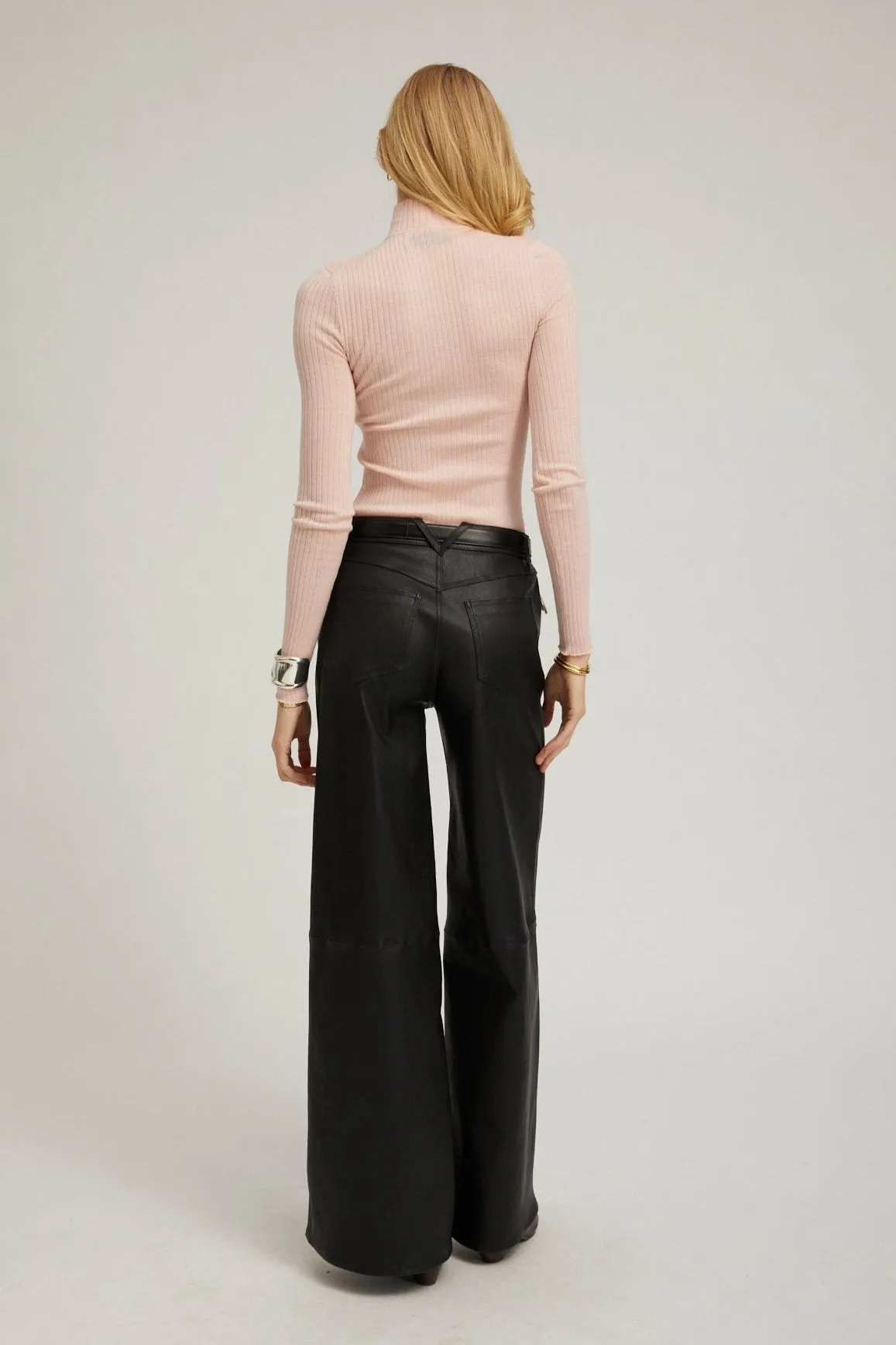 Black Leather 5 Pocket Mid Rise Wide Leg Pants sold by SPRWMN product image thumbnail 4