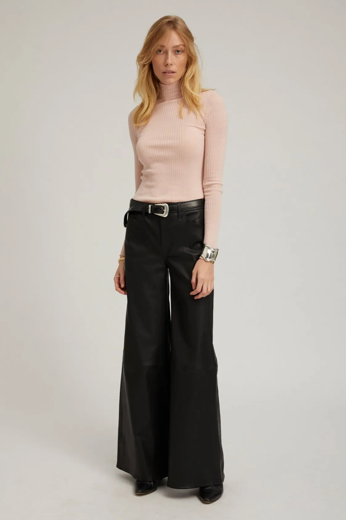 Black Leather 5 Pocket Mid Rise Wide Leg Pants sold by SPRWMN
