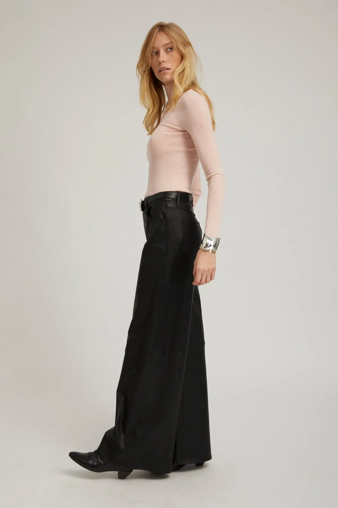 Black Leather 5 Pocket Mid Rise Wide Leg Pants sold by SPRWMN product image thumbnail 3
