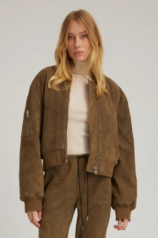 Olive Suede Bomber sold by SPRWMN