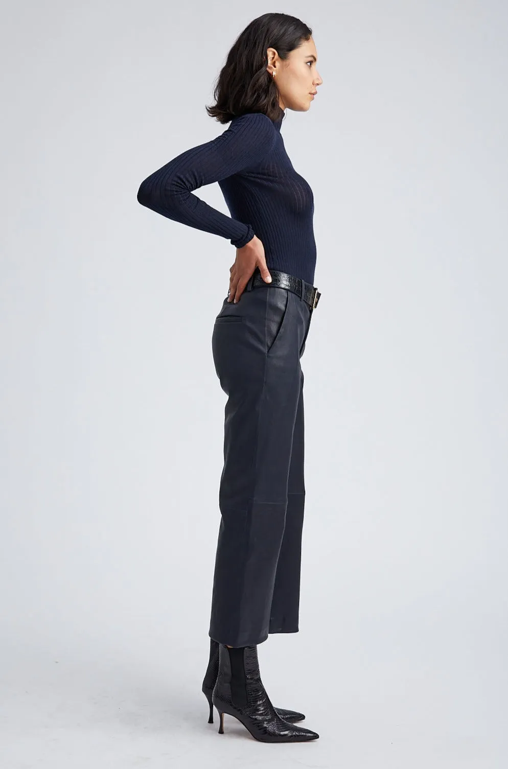 Navy Leather Cropped Trousers sold by SPRWMN product image thumbnail 4