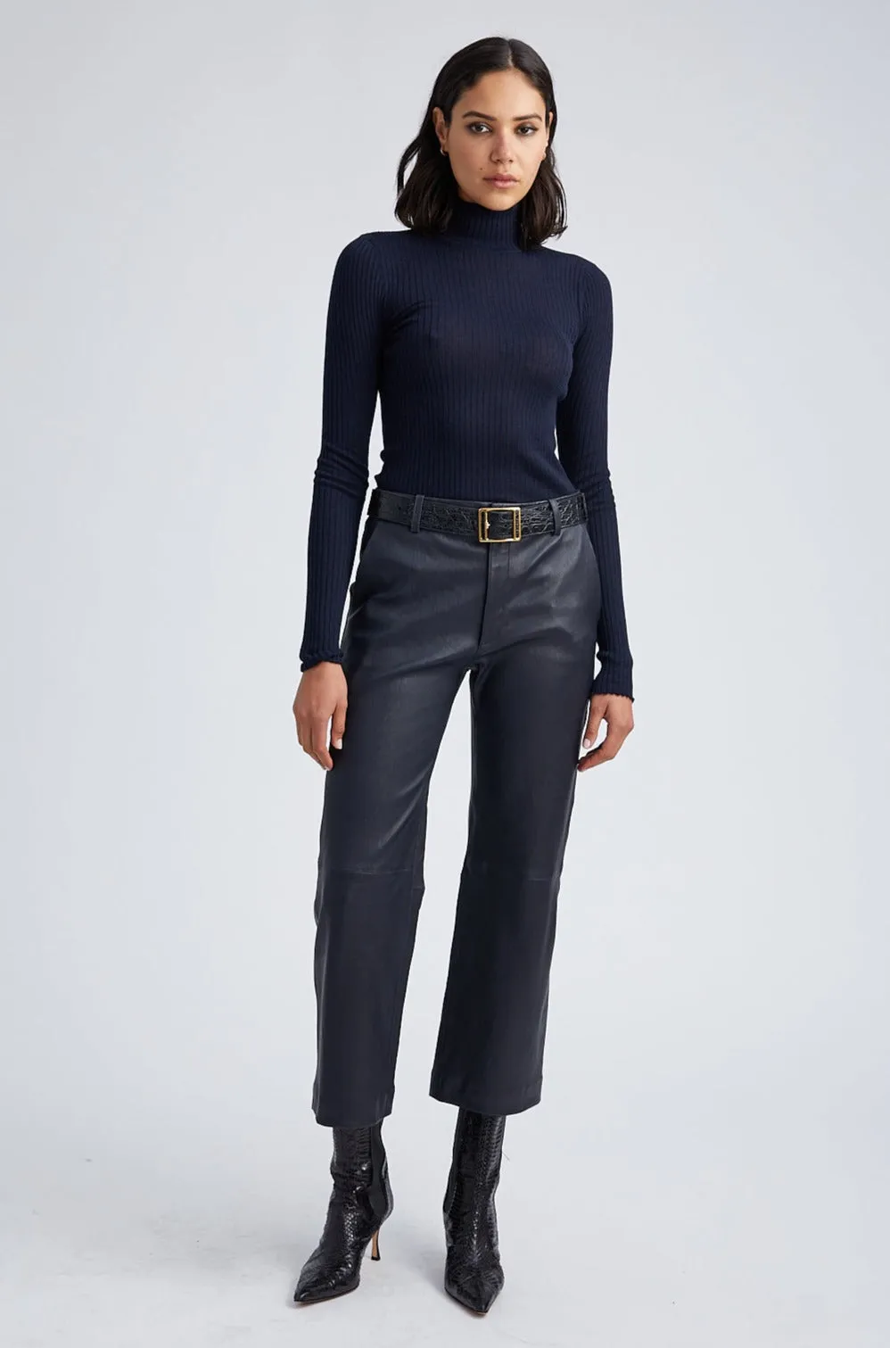 Navy Leather Cropped Trousers sold by SPRWMN product image thumbnail 3