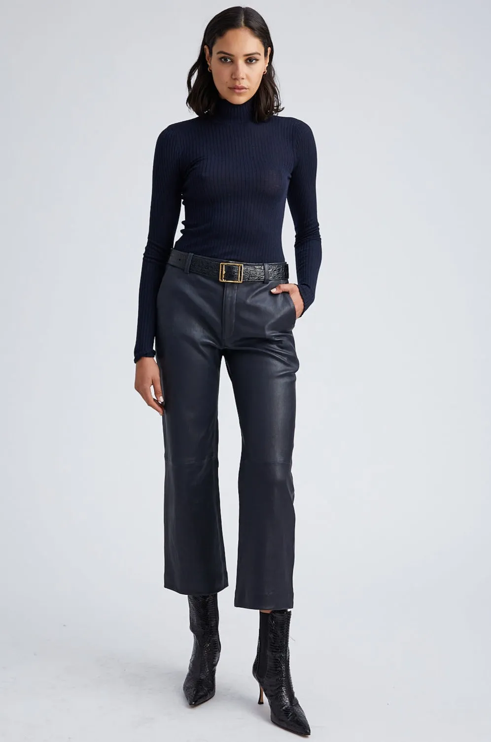Navy Leather Cropped Trousers sold by SPRWMN