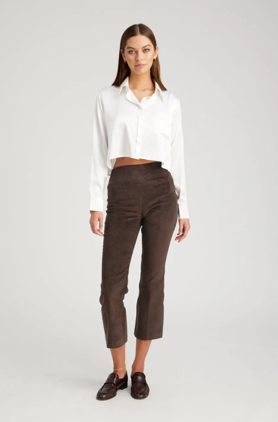 Dark Chocolate Corduroy Crop Flare Pants sold by SPRWMN
