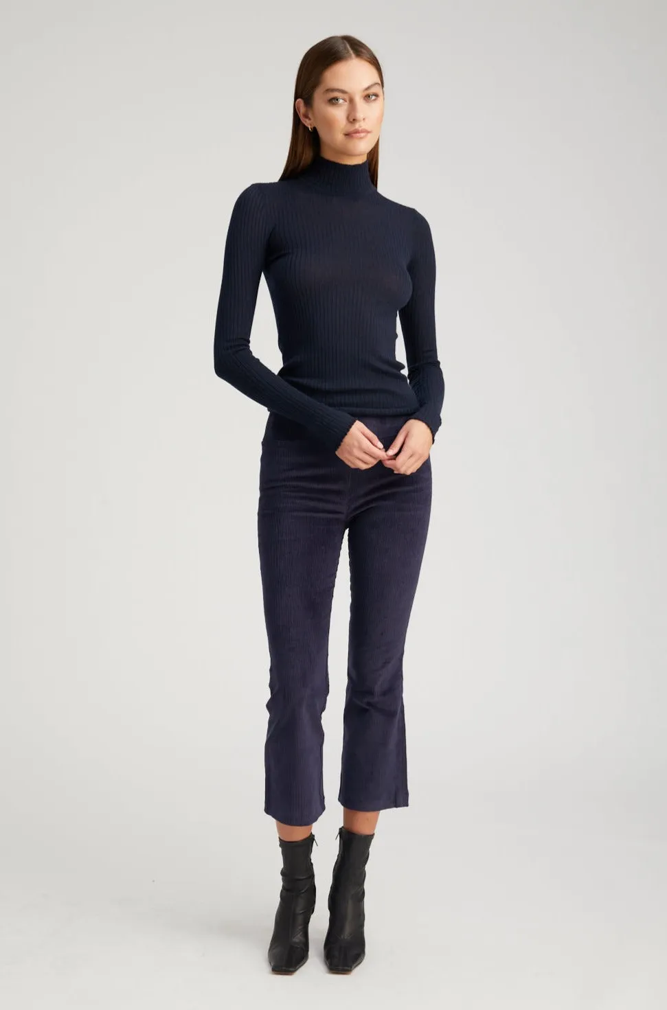 Navy Corduroy Crop Flare Pants sold by SPRWMN