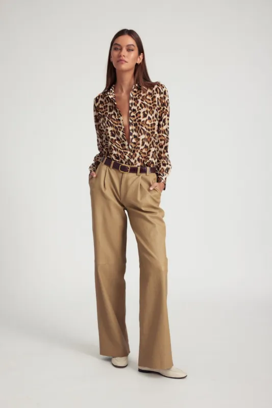 Khaki Leather Pleated Trousers sold by SPRWMN