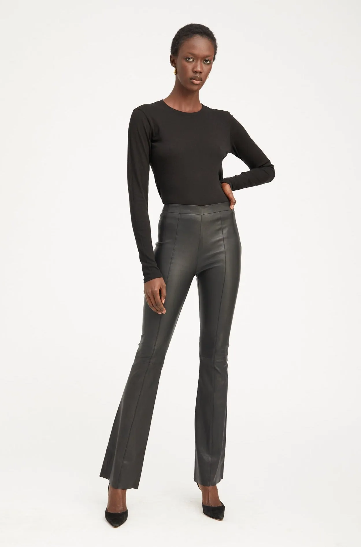 Black Leather Super Flare Pants with Princess Seams sold by SPRWMN