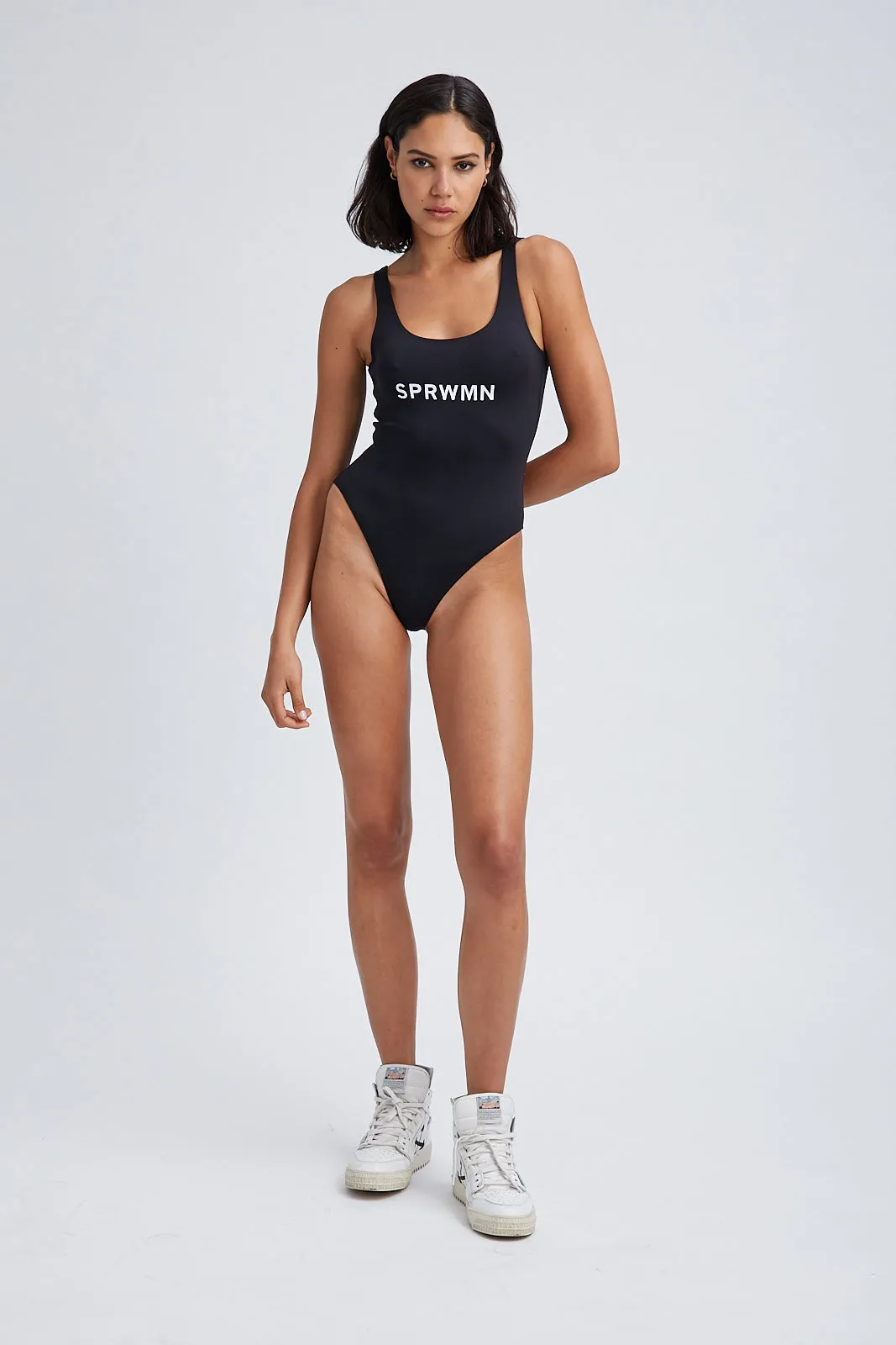 Black Front Logo One Piece Swimsuit sold by SPRWMN